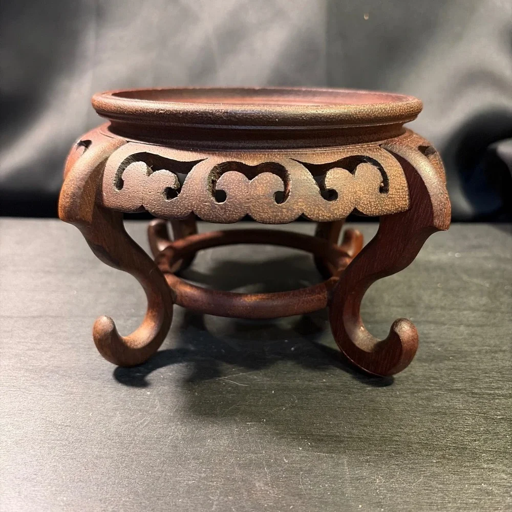 Vintage Carved Wood Pedestal Stand Ornate Asian Style Vase Riser 4.5 Inch